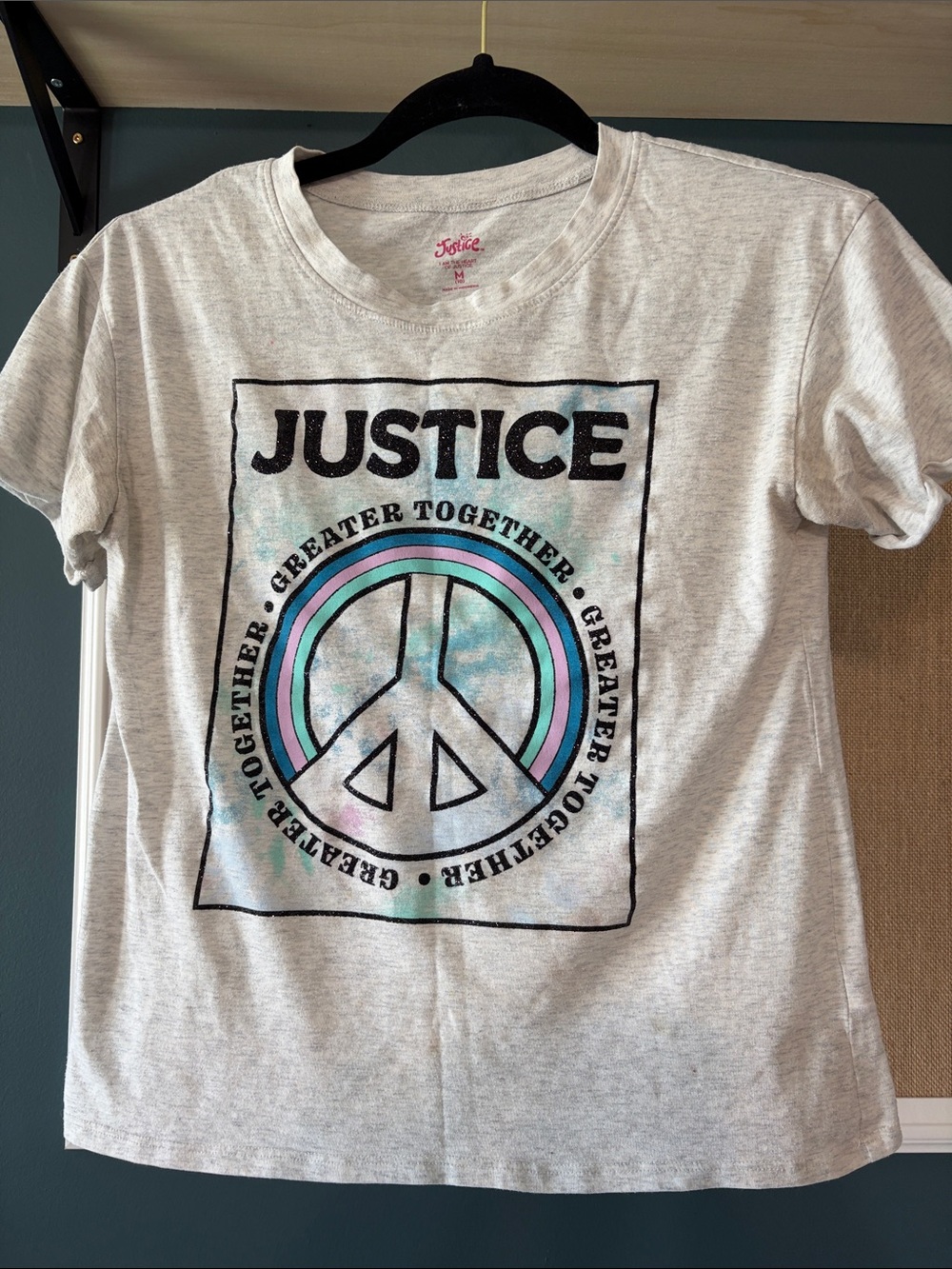 Justice Girls Heather Gray Graphic Tee with Pink & Turquoise Peace Sign